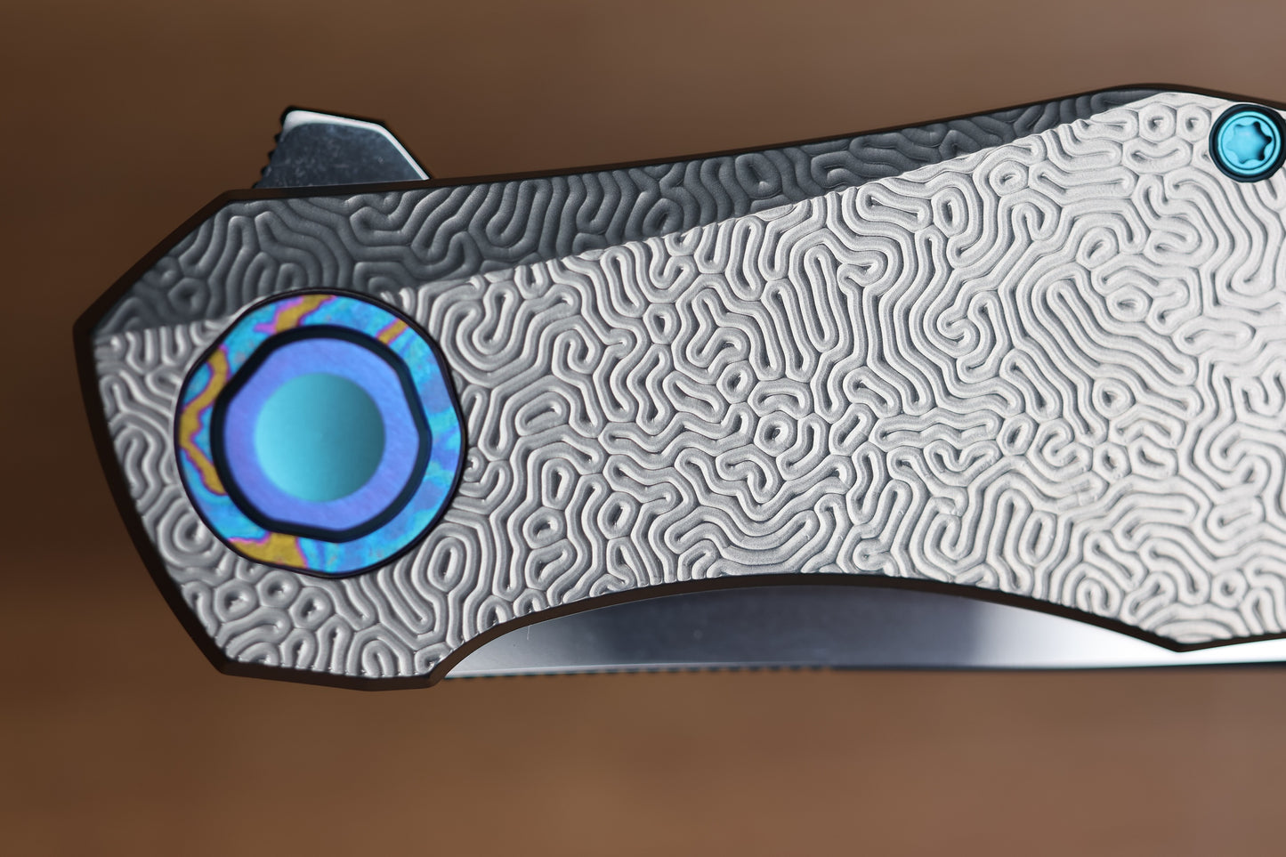HOLT BLADEWORKS RENEGADE W/ TITANIUM BRAIN CORAL BURNISHED HANDLES & BOHLER M390, NEAR MIRROR #319