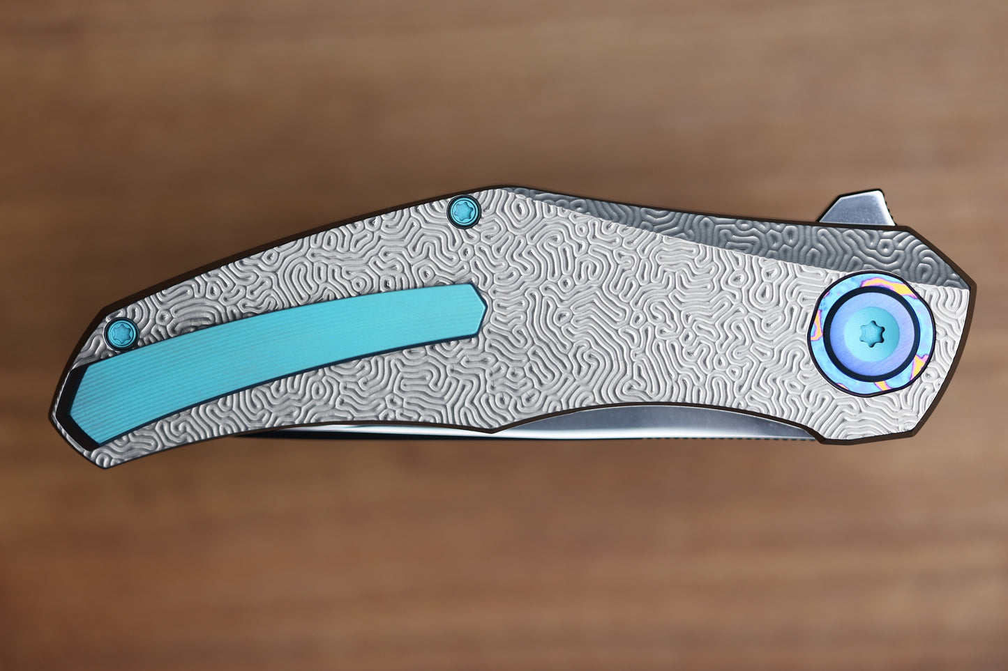 HOLT BLADEWORKS RENEGADE W/ TITANIUM BRAIN CORAL BURNISHED HANDLES & BOHLER M390, NEAR MIRROR #319