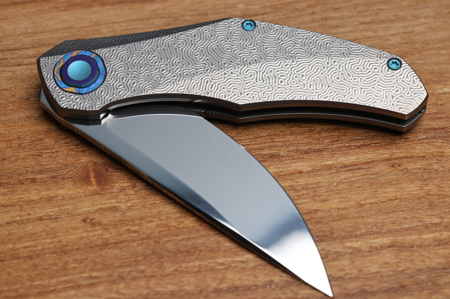HOLT BLADEWORKS RENEGADE W/ TITANIUM BRAIN CORAL BURNISHED HANDLES & BOHLER M390, NEAR MIRROR #319