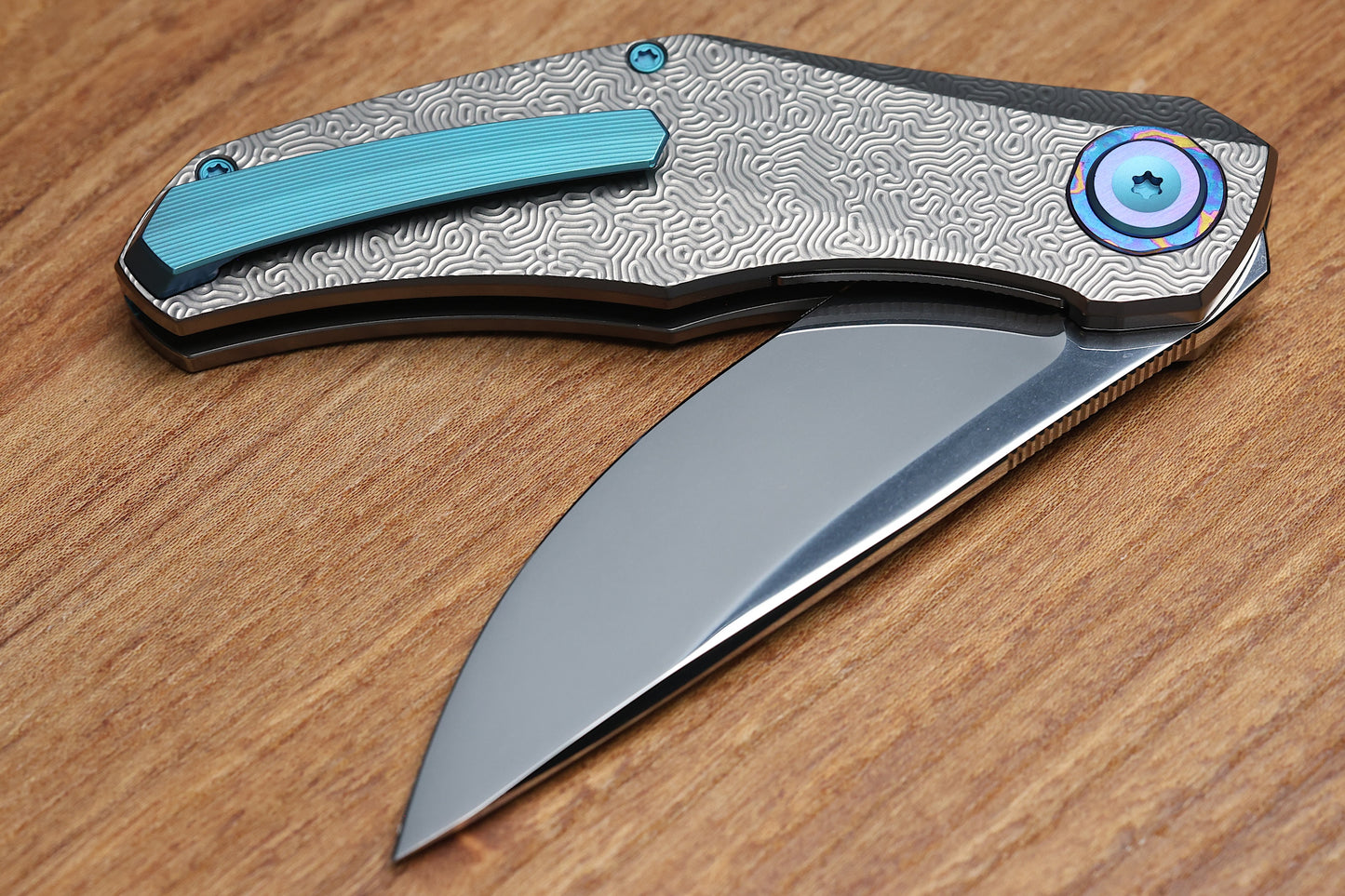 HOLT BLADEWORKS RENEGADE W/ TITANIUM BRAIN CORAL BURNISHED HANDLES & BOHLER M390, NEAR MIRROR #319