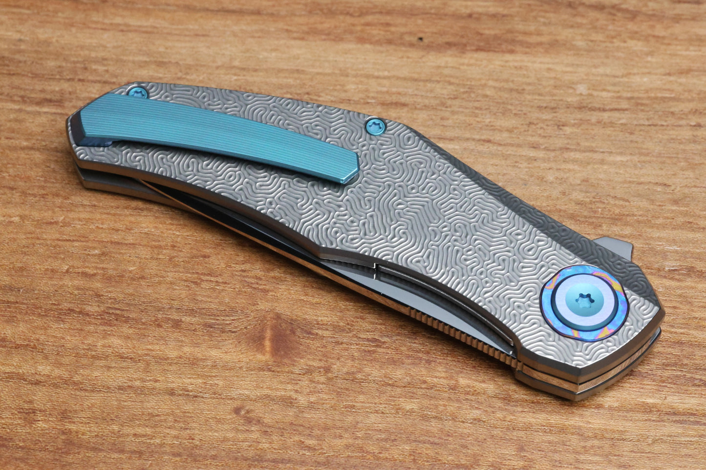 HOLT BLADEWORKS RENEGADE W/ TITANIUM BRAIN CORAL BURNISHED HANDLES & BOHLER M390, NEAR MIRROR #319