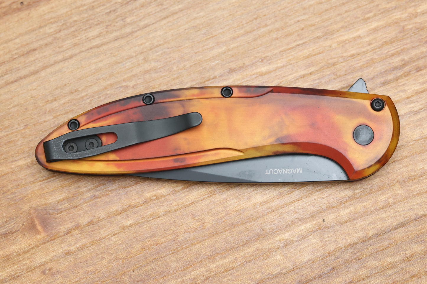 PRO-TECH CAMBRIA FLIPPER DEL FUEGO HANDLE W/BLACK LIP PEARL BUTTON- DLC MAGNACUT BLADE,  CF2103-DF