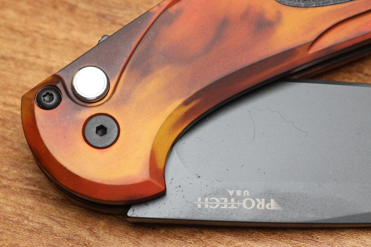 PRO-TECH CAMBRIA FLIPPER DEL FUEGO HANDLE W/BLACK LIP PEARL BUTTON- DLC MAGNACUT BLADE,  CF2103-DF