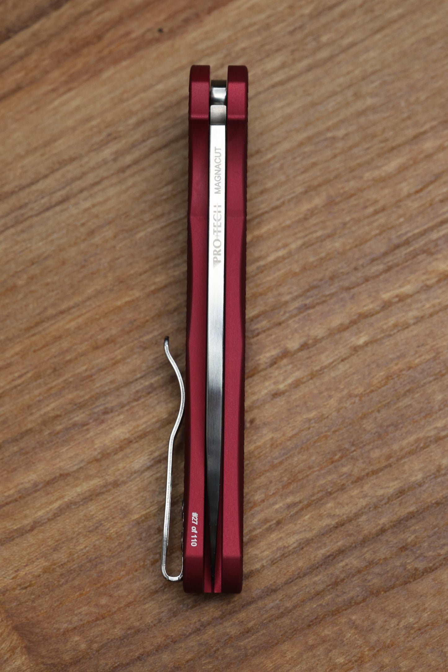 PRO-TECH MALIBU RED DRAGON SCALE HANDLES WHITE PEARL BUTTON- SATIN MAGNACUT WHARNCLIFFE BLADE CCKSF25.MALIBU.1