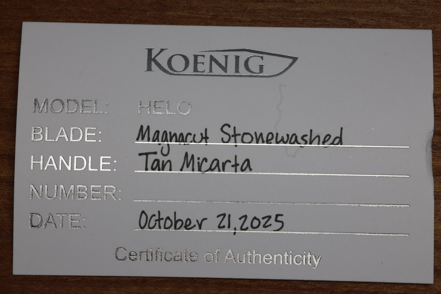 KOENIG KNIVES HELO - TAN MICARTA HANDLE - STONEWASHED MAGNACUT BLADE