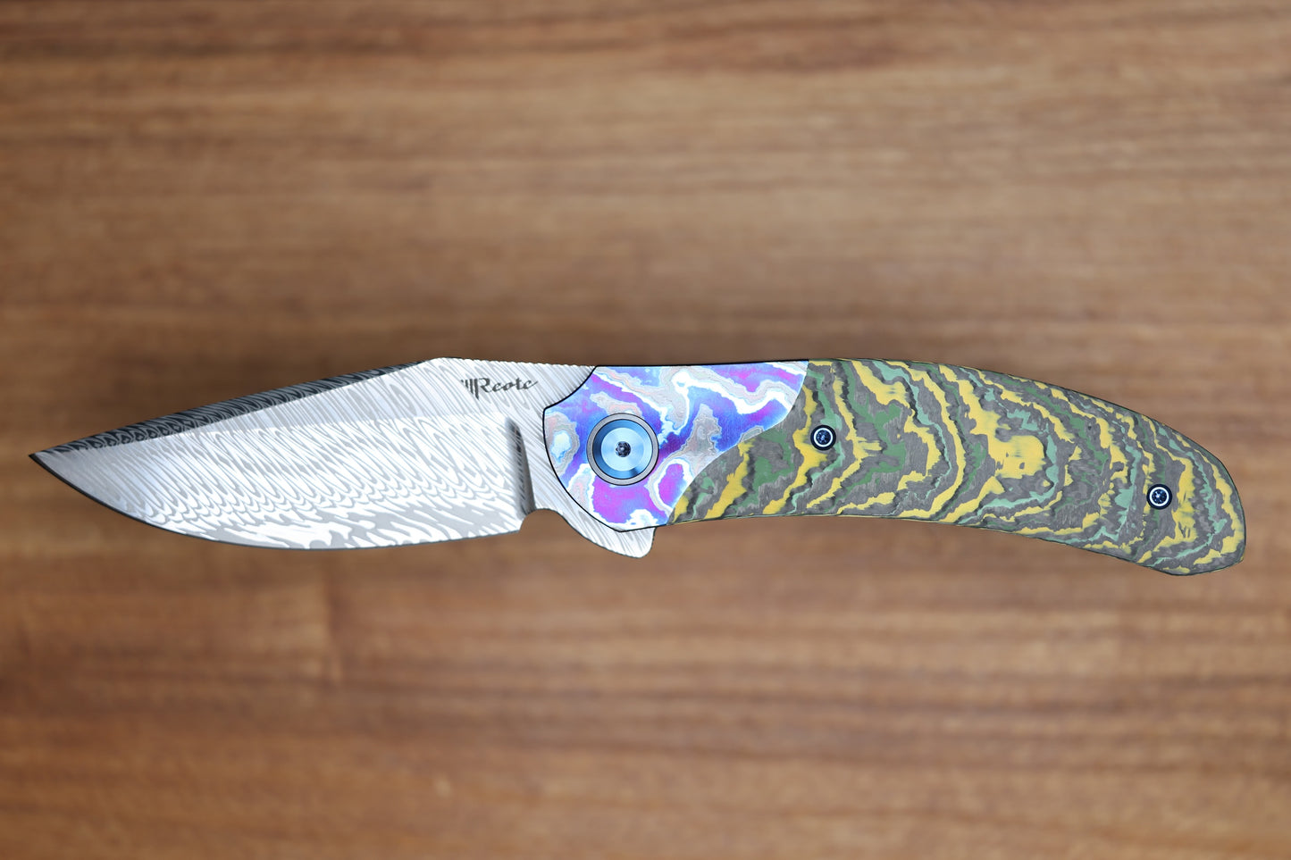 REATE KNIVES FDT TF-4 TITANIUM TOXIC STORM FAT CARBON ZIRCUTI BOLSTER AND ACCENTS DAMASTEEL BLADE