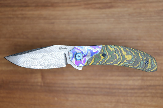 REATE KNIVES FDT TF-4 TITANIUM TOXIC STORM FAT CARBON ZIRCUTI BOLSTER AND ACCENTS DAMASTEEL BLADE