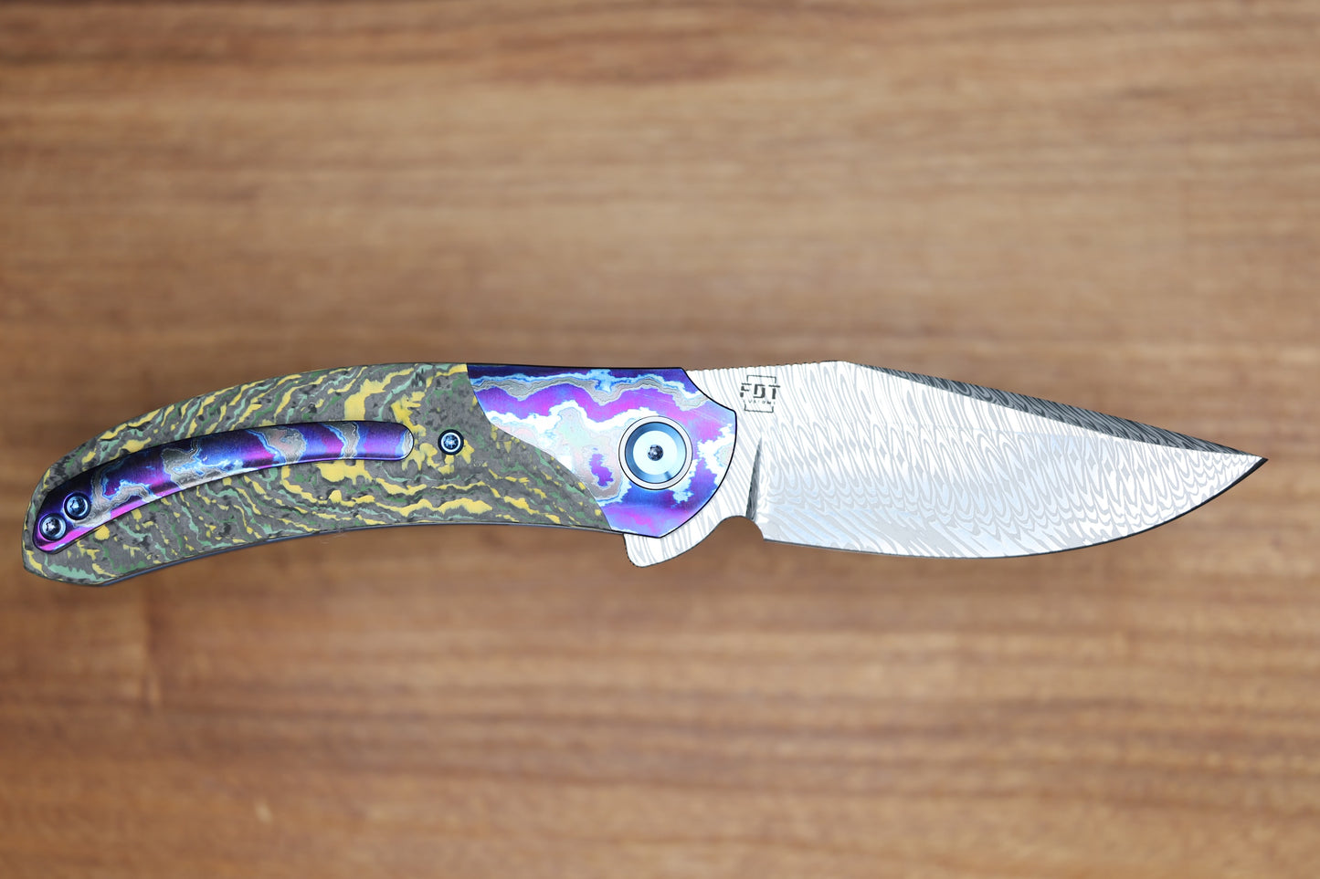 REATE KNIVES FDT TF-4 TITANIUM TOXIC STORM FAT CARBON ZIRCUTI BOLSTER AND ACCENTS DAMASTEEL BLADE