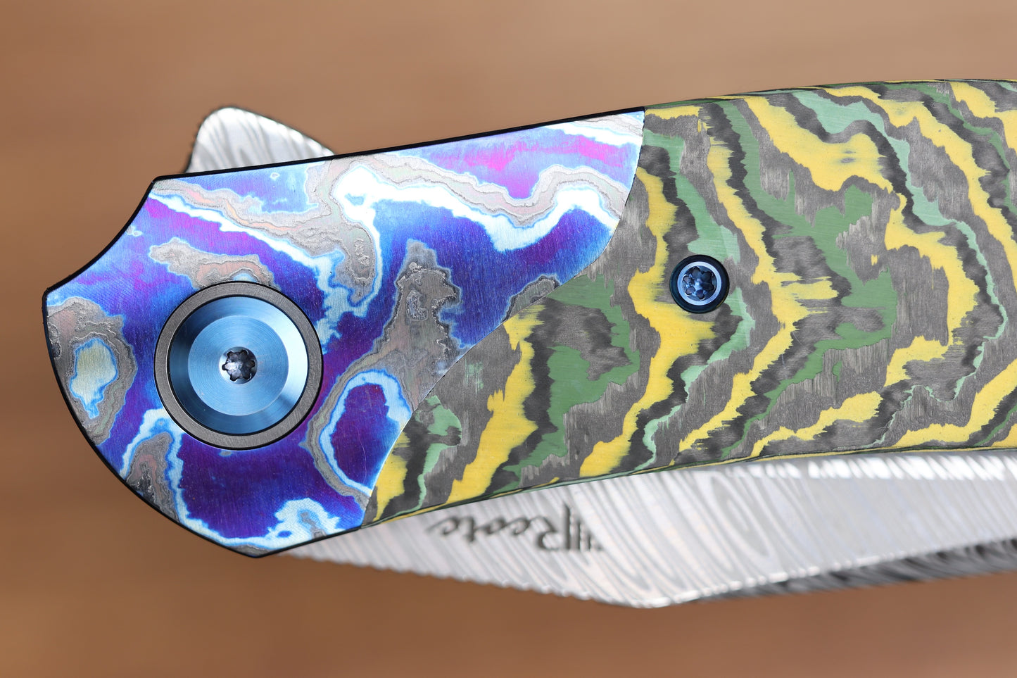 REATE KNIVES FDT TF-4 TITANIUM TOXIC STORM FAT CARBON ZIRCUTI BOLSTER AND ACCENTS DAMASTEEL BLADE