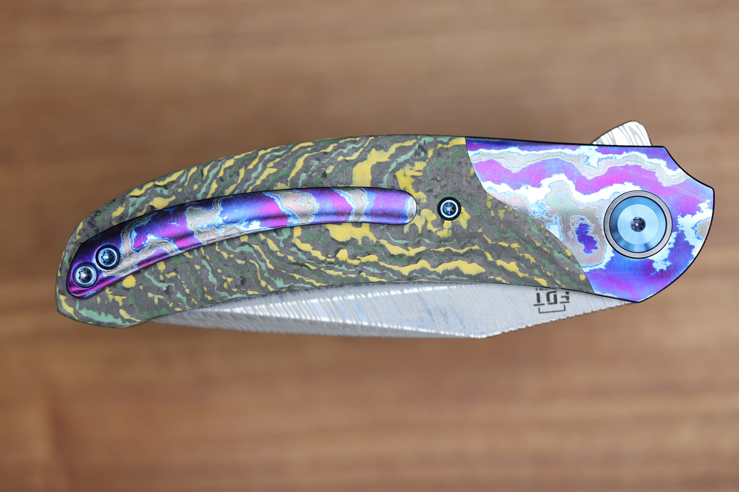 REATE KNIVES FDT TF-4 TITANIUM TOXIC STORM FAT CARBON ZIRCUTI BOLSTER AND ACCENTS DAMASTEEL BLADE