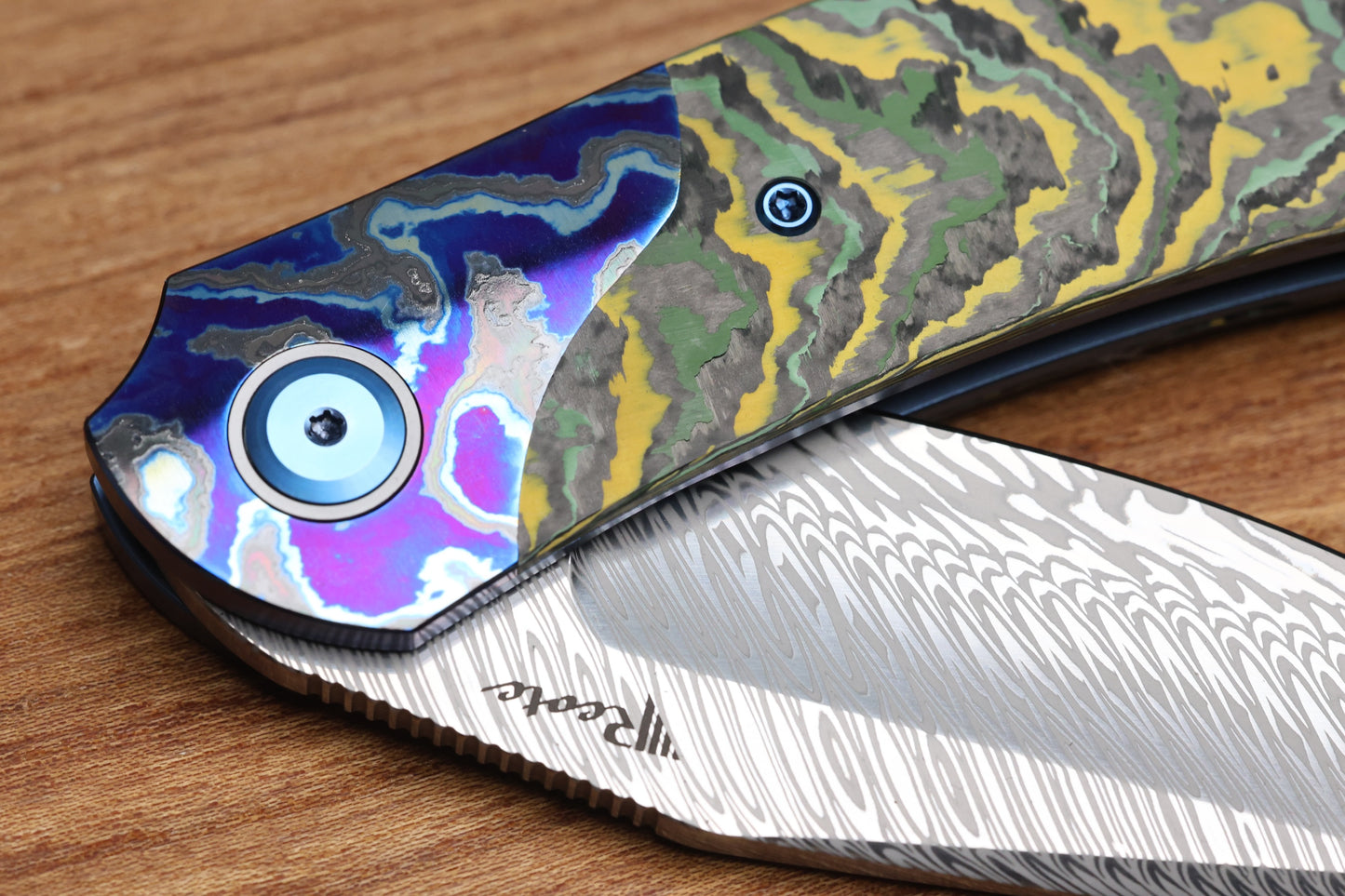 REATE KNIVES FDT TF-4 TITANIUM TOXIC STORM FAT CARBON ZIRCUTI BOLSTER AND ACCENTS DAMASTEEL BLADE
