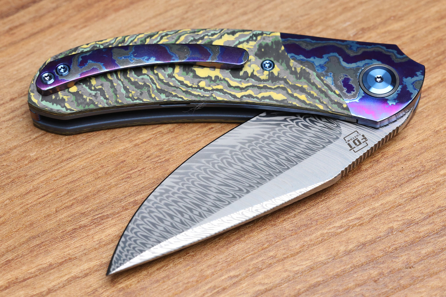 REATE KNIVES FDT TF-4 TITANIUM TOXIC STORM FAT CARBON ZIRCUTI BOLSTER AND ACCENTS DAMASTEEL BLADE