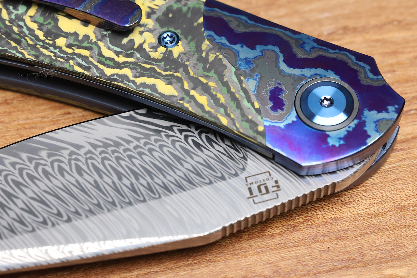 REATE KNIVES FDT TF-4 TITANIUM TOXIC STORM FAT CARBON ZIRCUTI BOLSTER AND ACCENTS DAMASTEEL BLADE
