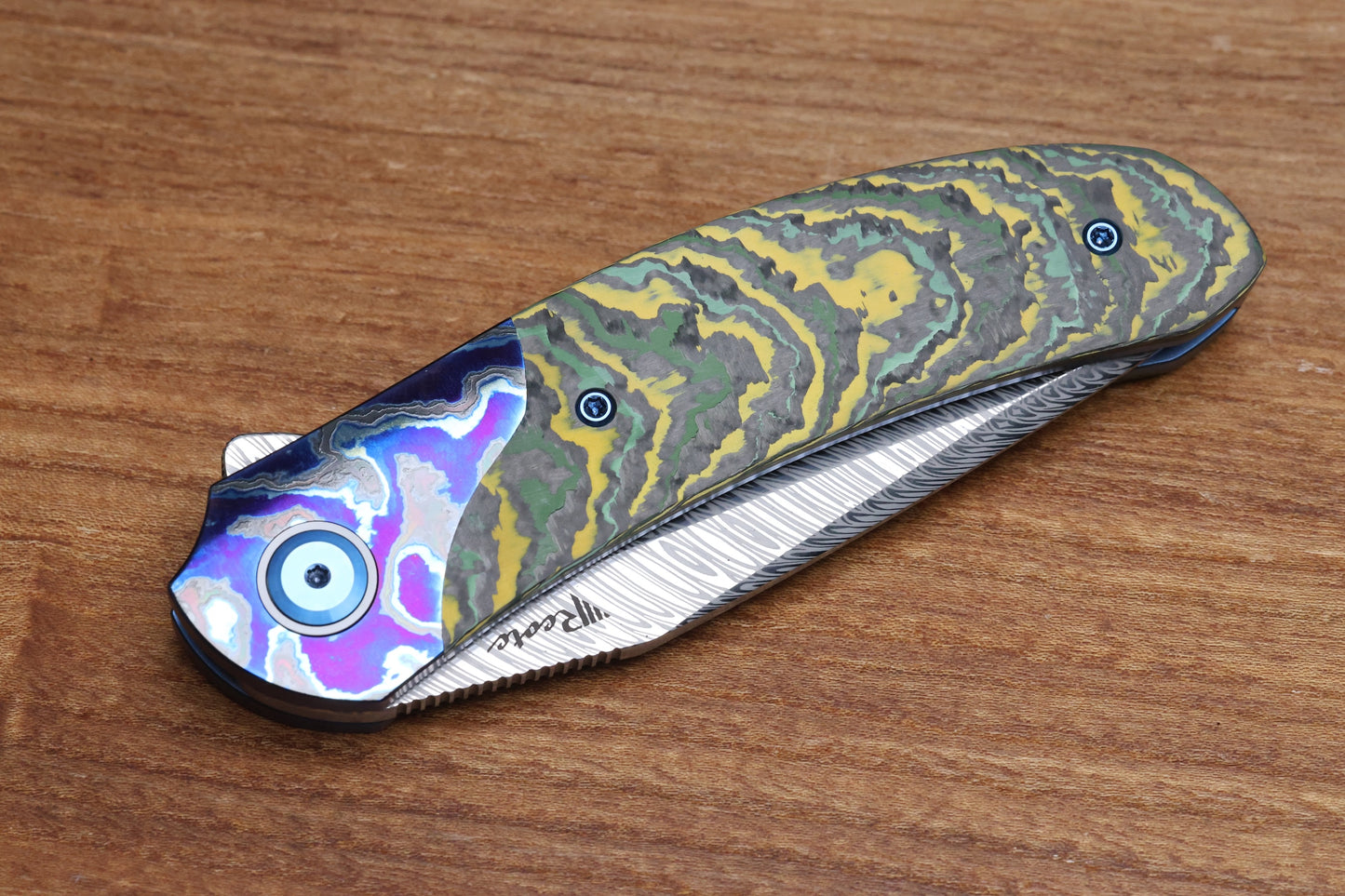 REATE KNIVES FDT TF-4 TITANIUM TOXIC STORM FAT CARBON ZIRCUTI BOLSTER AND ACCENTS DAMASTEEL BLADE