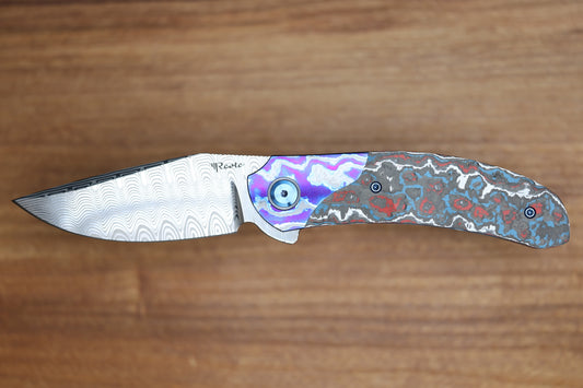 REATE KNIVES FDT TF-4 TITANIUM NEBULA FAT CARBON ZIRCUTI BOLSTER AND ACCENTS DAMASTEEL BLADE