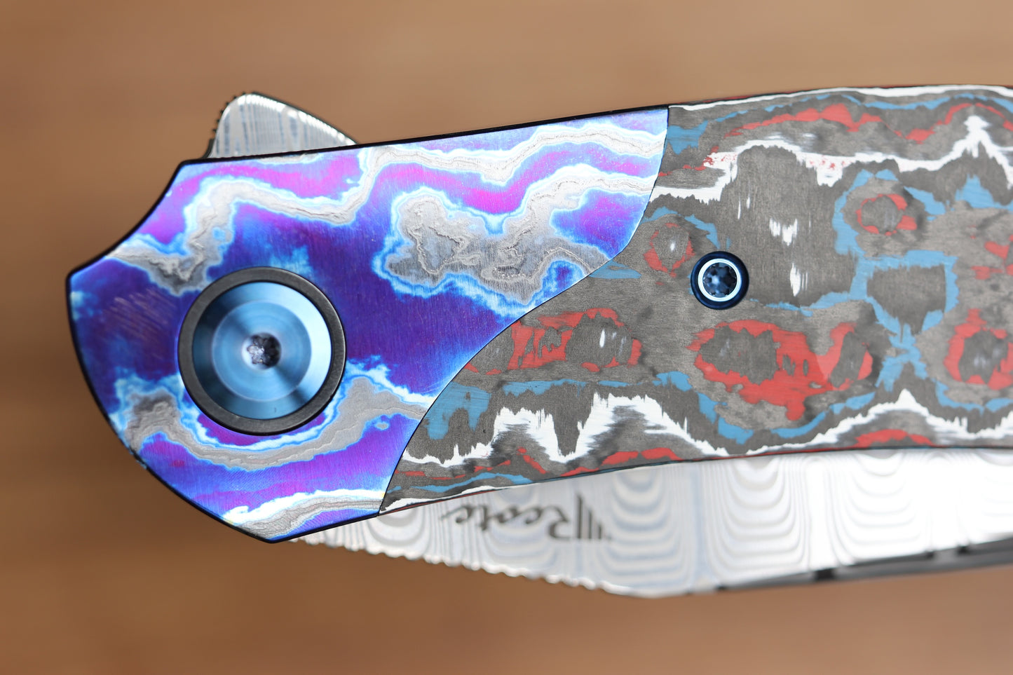 REATE KNIVES FDT TF-4 TITANIUM NEBULA FAT CARBON ZIRCUTI BOLSTER AND ACCENTS DAMASTEEL BLADE