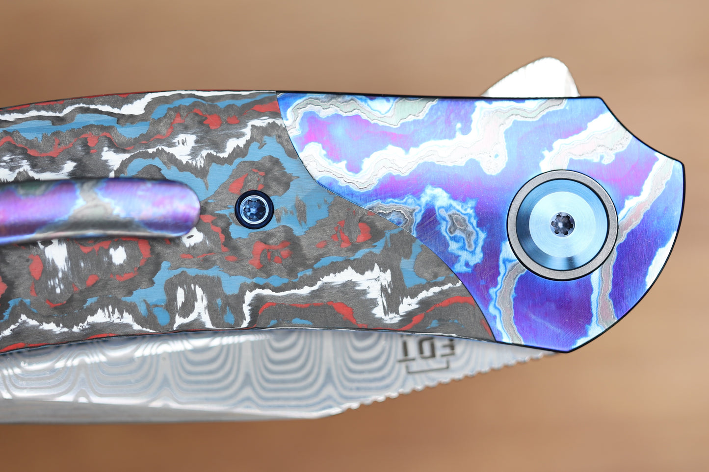 REATE KNIVES FDT TF-4 TITANIUM NEBULA FAT CARBON ZIRCUTI BOLSTER AND ACCENTS DAMASTEEL BLADE
