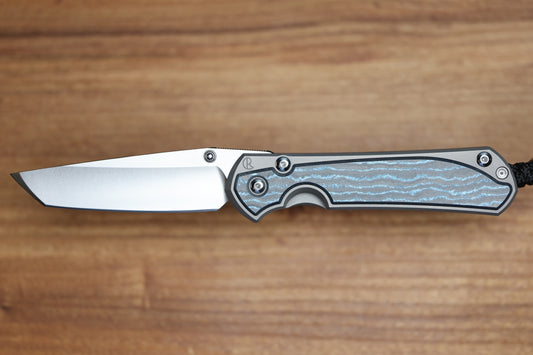 CHRIS REEVE LARGE SEBENZA 31 - OCEAN BLUE CARBOTI INLAY - TANTO CPM MAGNACUT BLADE - MIM CLIP - SILVER DOUBLE THUMB LUGS