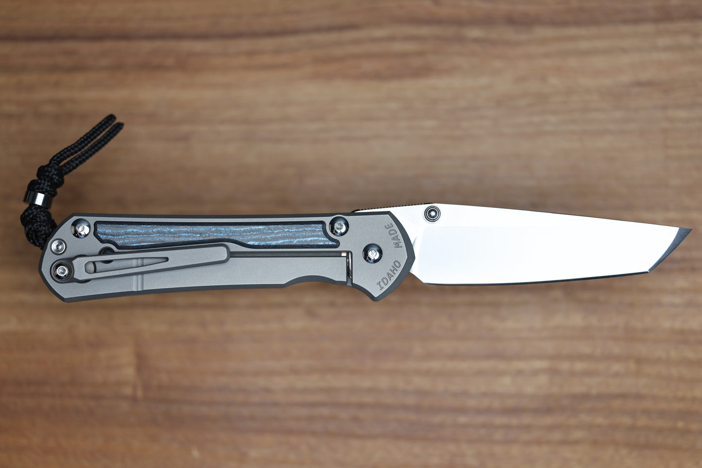 CHRIS REEVE LARGE SEBENZA 31 - OCEAN BLUE CARBOTI INLAY - TANTO CPM MAGNACUT BLADE - MIM CLIP - SILVER DOUBLE THUMB LUGS