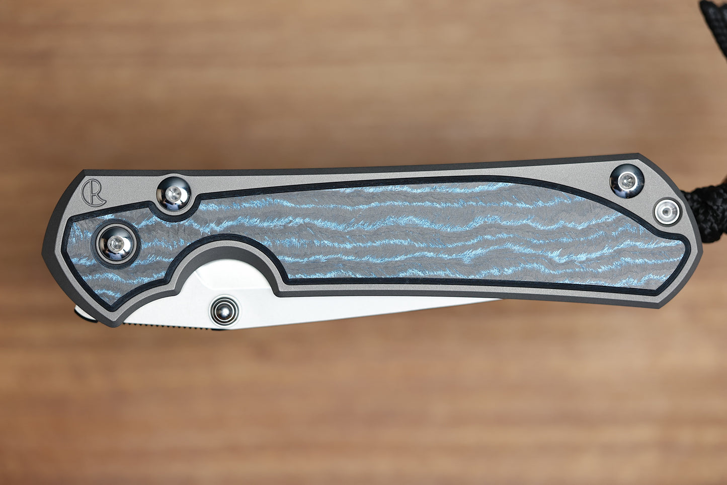 CHRIS REEVE LARGE SEBENZA 31 - OCEAN BLUE CARBOTI INLAY - TANTO CPM MAGNACUT BLADE - MIM CLIP - SILVER DOUBLE THUMB LUGS