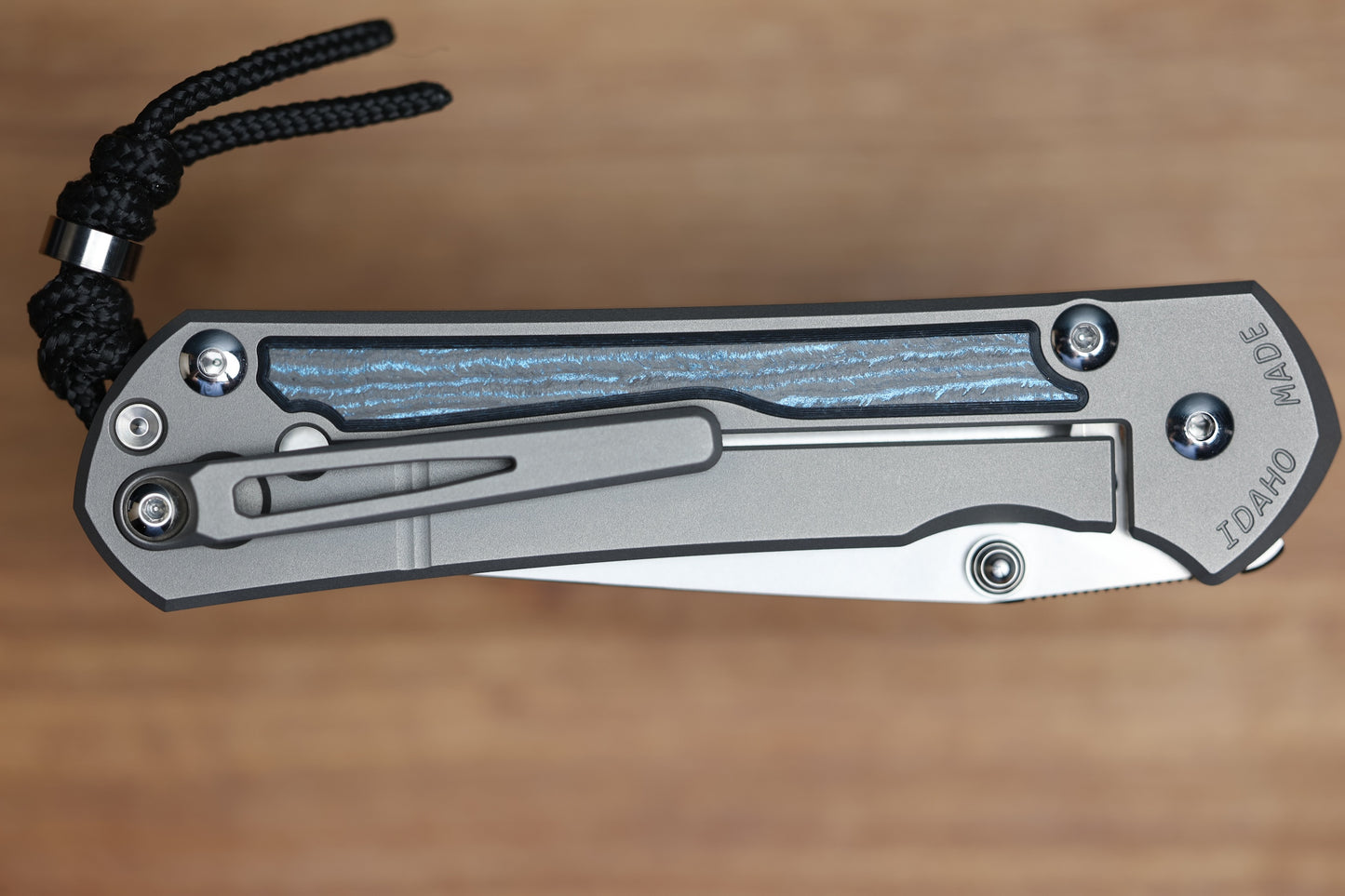 CHRIS REEVE LARGE SEBENZA 31 - OCEAN BLUE CARBOTI INLAY - TANTO CPM MAGNACUT BLADE - MIM CLIP - SILVER DOUBLE THUMB LUGS
