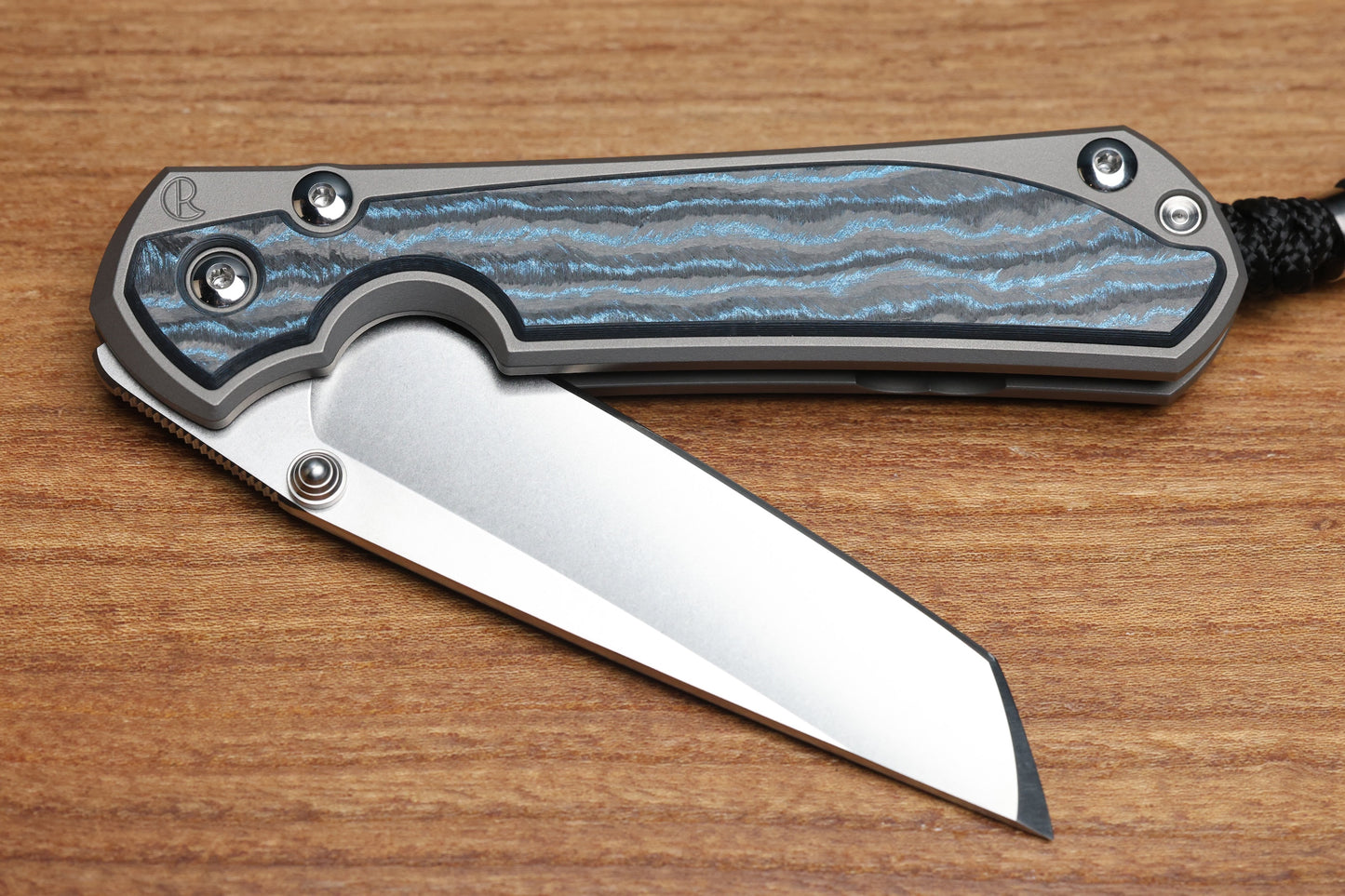 CHRIS REEVE LARGE SEBENZA 31 - OCEAN BLUE CARBOTI INLAY - TANTO CPM MAGNACUT BLADE - MIM CLIP - SILVER DOUBLE THUMB LUGS