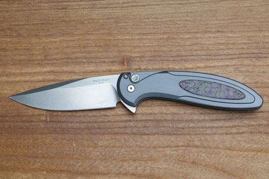 PRO-TECH KNIVES CAMBRIA - CCKSF25.CAMBRIA.1 - GREY ALUMINUM HANDLE - TECHNOCARBO PURPLE INLAY - STONEWASH MAGNACUT BLADE