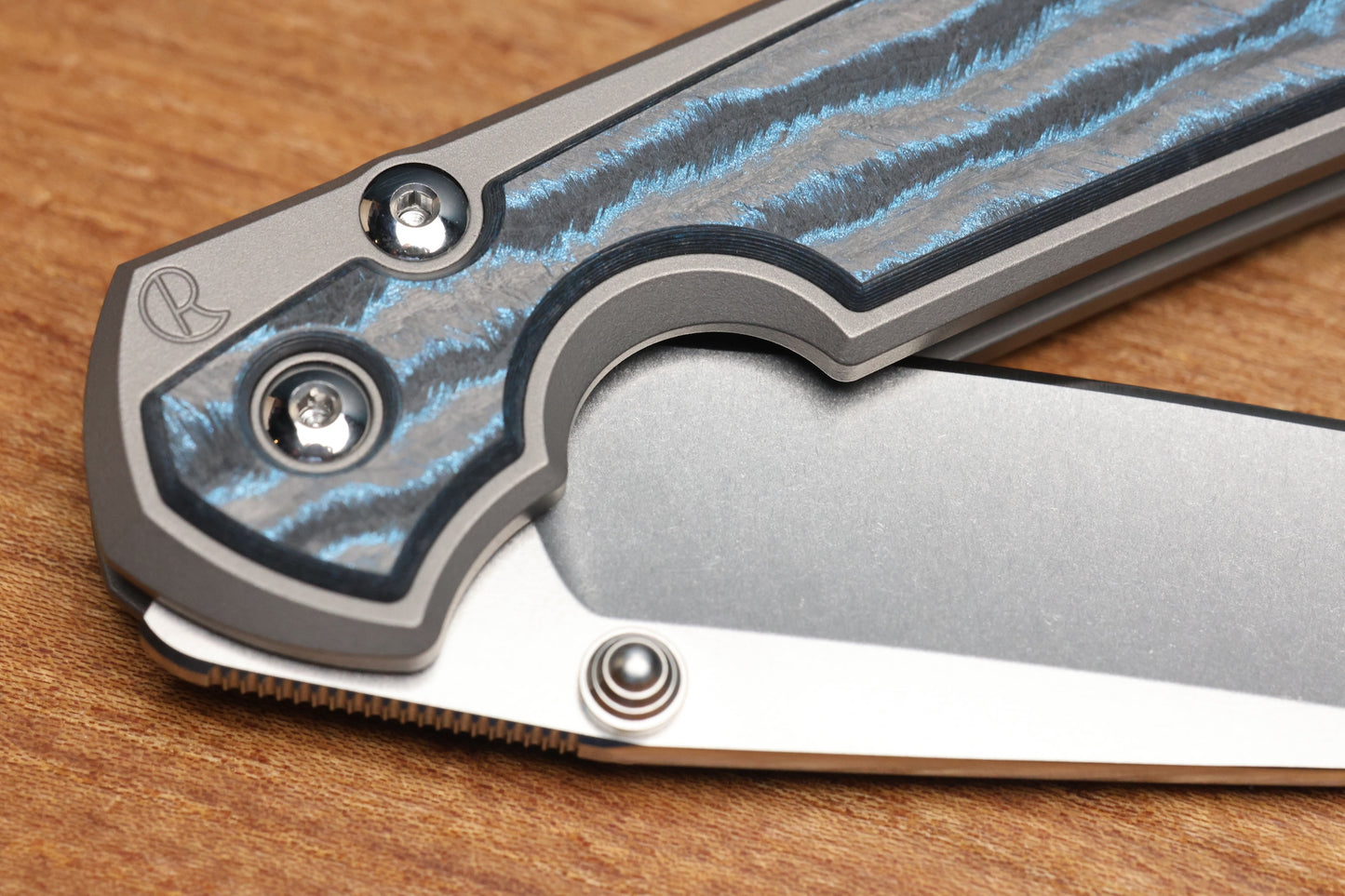 CHRIS REEVE LARGE SEBENZA 31 - OCEAN BLUE CARBOTI INLAY - TANTO CPM MAGNACUT BLADE - MIM CLIP - SILVER DOUBLE THUMB LUGS