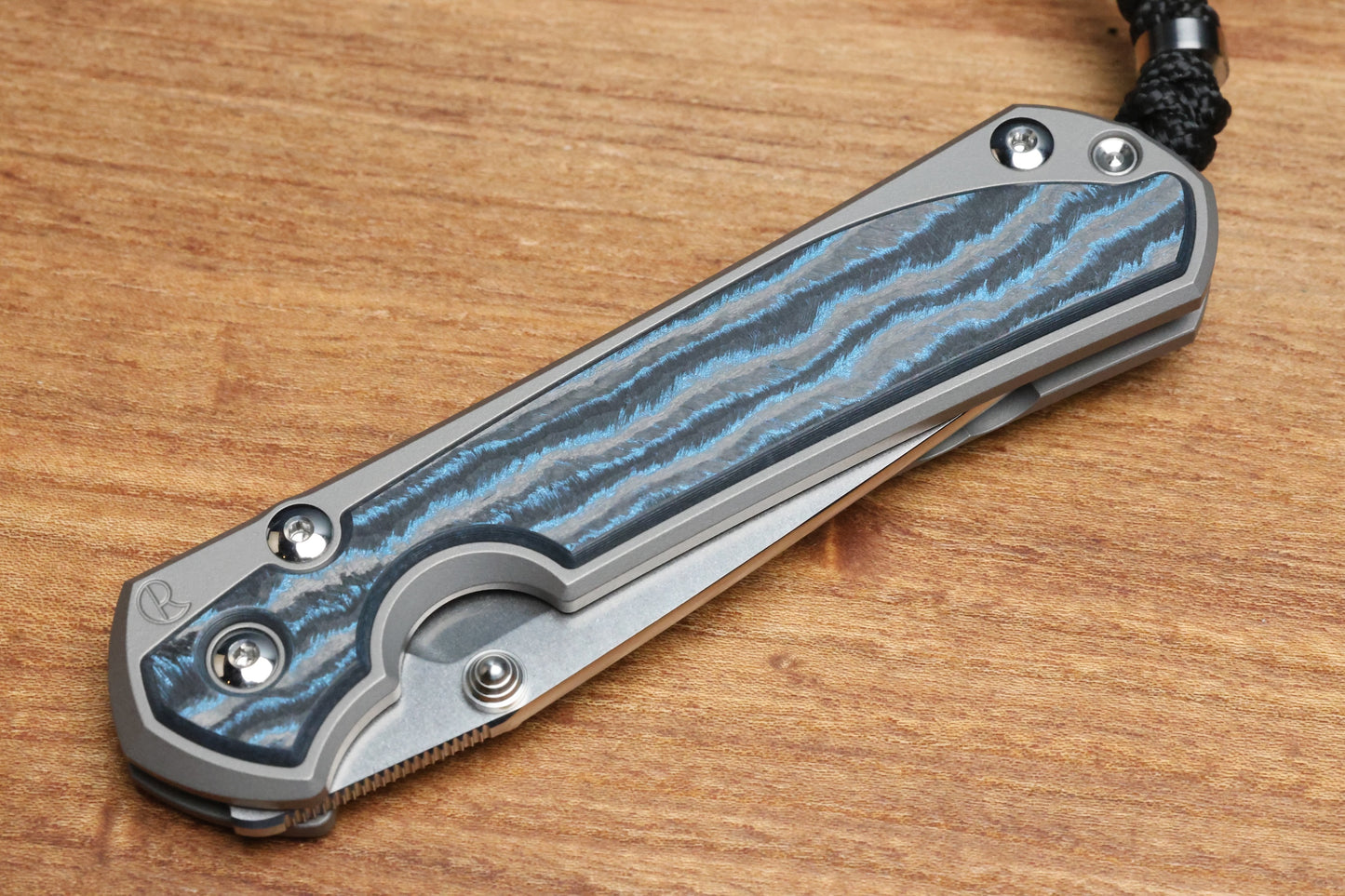 CHRIS REEVE LARGE SEBENZA 31 - OCEAN BLUE CARBOTI INLAY - TANTO CPM MAGNACUT BLADE - MIM CLIP - SILVER DOUBLE THUMB LUGS