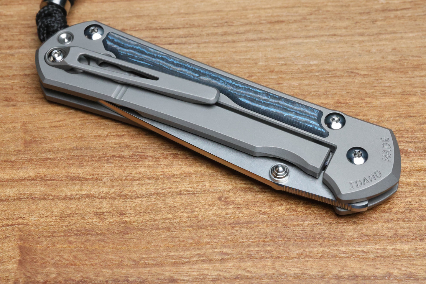 CHRIS REEVE LARGE SEBENZA 31 - OCEAN BLUE CARBOTI INLAY - TANTO CPM MAGNACUT BLADE - MIM CLIP - SILVER DOUBLE THUMB LUGS