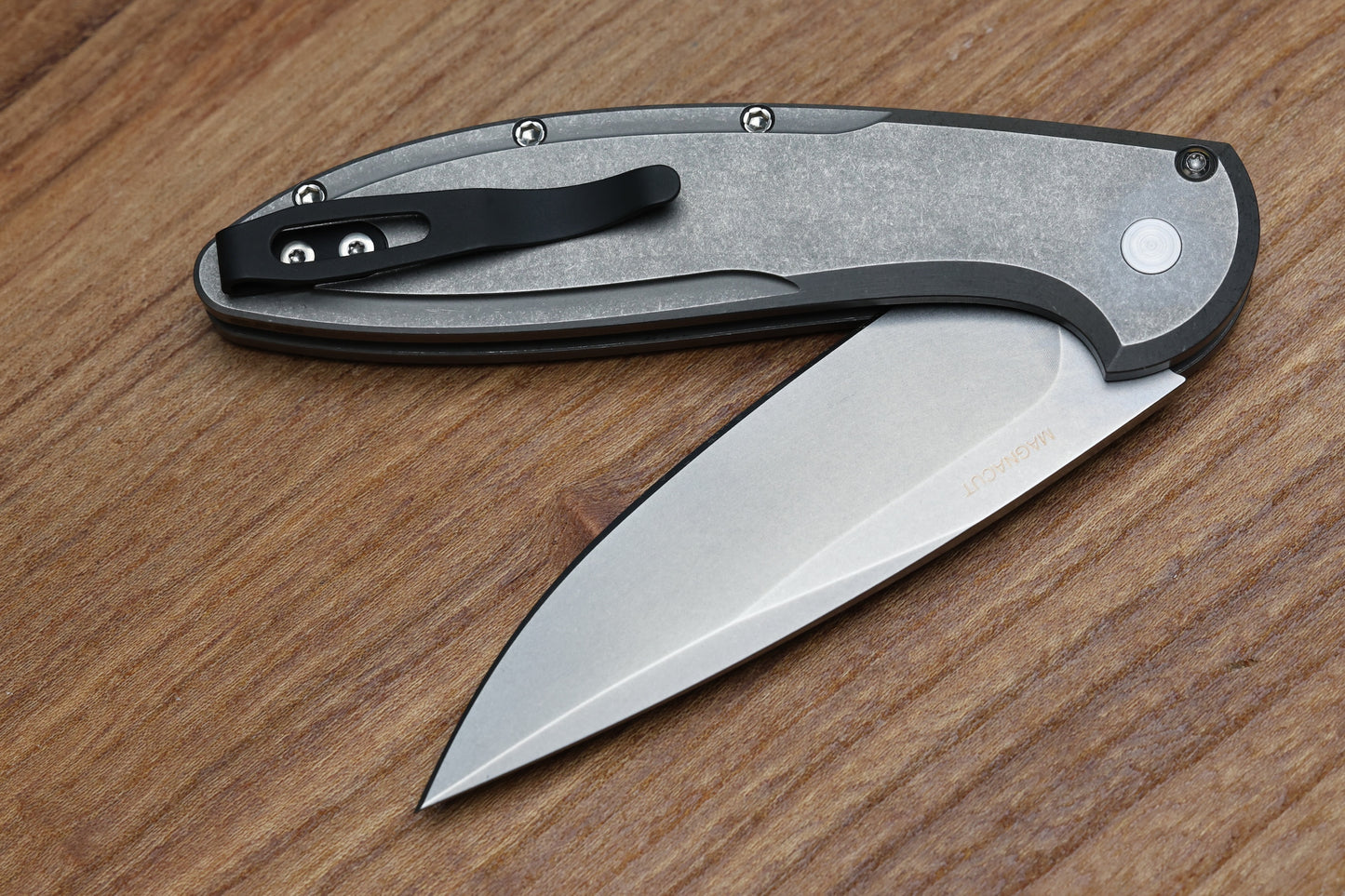 PRO-TECH KNIVES CAMBRIA - 2025 CAMBRIA CUSTOM 014 - 2-TONE BLASTED/TUMBLED 17-4 STEEL HANDLE - COPPER TECHNOCARBO INLAY - STONEWASH MAGNACUT BLADE