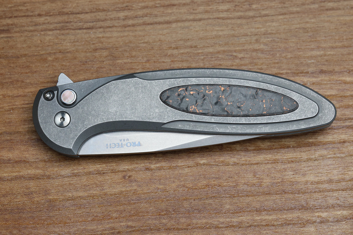 PRO-TECH KNIVES CAMBRIA - 2025 CAMBRIA CUSTOM 014 - 2-TONE BLASTED/TUMBLED 17-4 STEEL HANDLE - COPPER TECHNOCARBO INLAY - STONEWASH MAGNACUT BLADE