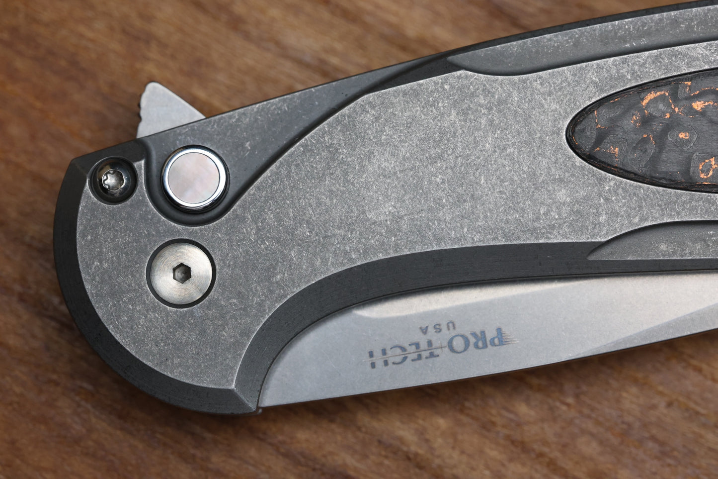 PRO-TECH KNIVES CAMBRIA - 2025 CAMBRIA CUSTOM 014 - 2-TONE BLASTED/TUMBLED 17-4 STEEL HANDLE - COPPER TECHNOCARBO INLAY - STONEWASH MAGNACUT BLADE