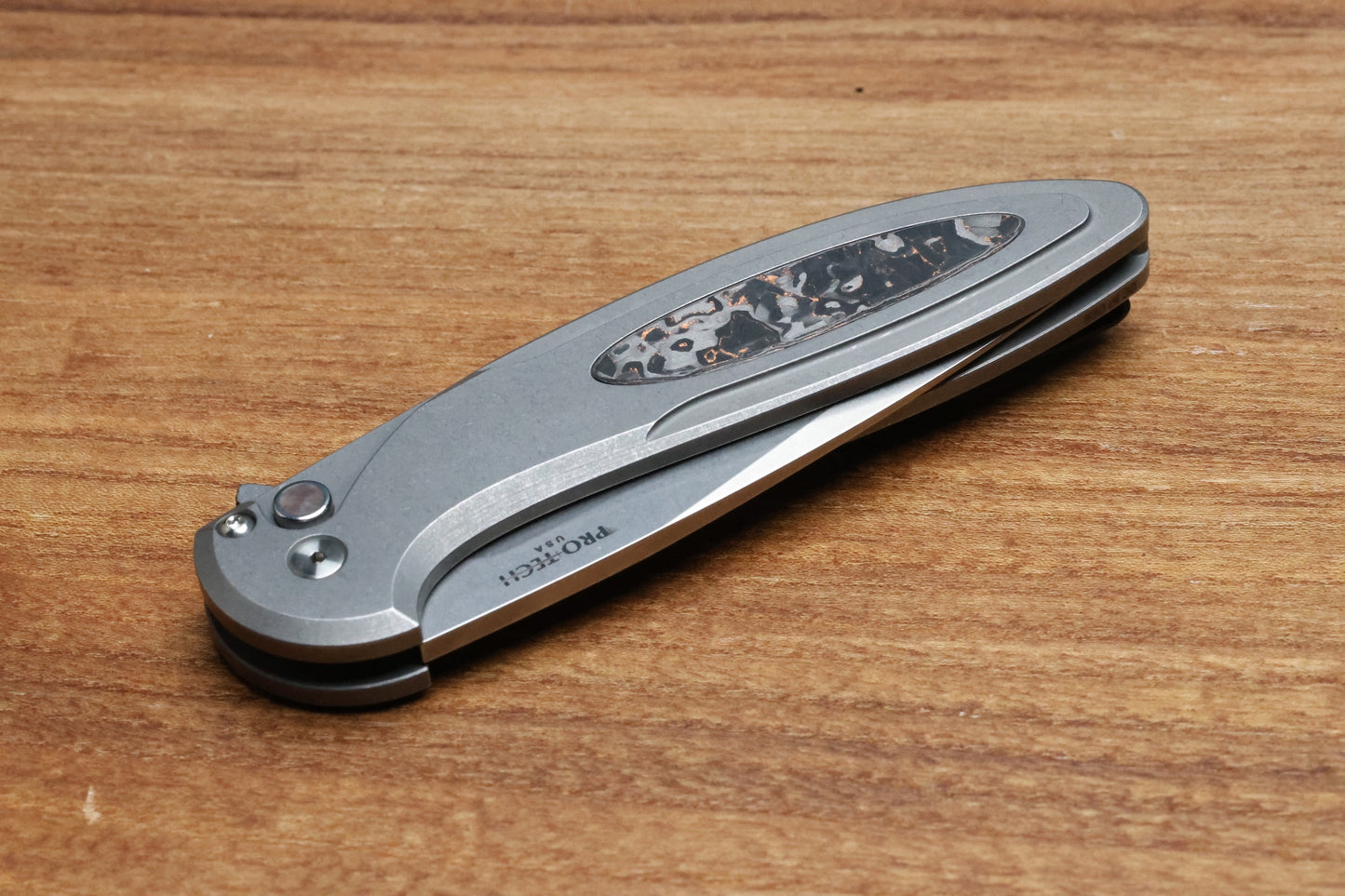 PRO-TECH KNIVES CAMBRIA - 2025 CAMBRIA CUSTOM 014 - 2-TONE BLASTED/TUMBLED 17-4 STEEL HANDLE - COPPER TECHNOCARBO INLAY - STONEWASH MAGNACUT BLADE