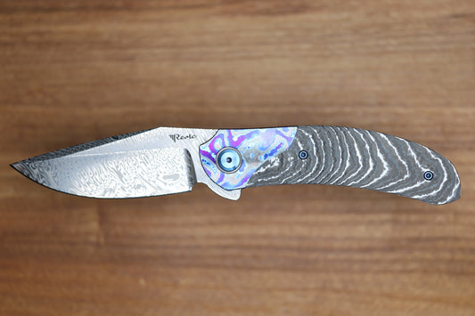 REATE KNIVES FDT TF-4 TITANIUM WHITE STORM FAT CARBON ZIRCUTI BOLSTER AND ACCENTS DAMASTEEL BLADE