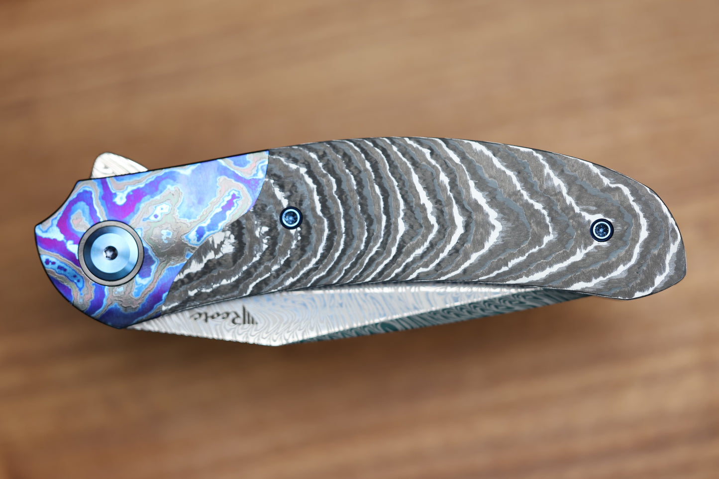 REATE KNIVES FDT TF-4 TITANIUM WHITE STORM FAT CARBON ZIRCUTI BOLSTER AND ACCENTS DAMASTEEL BLADE