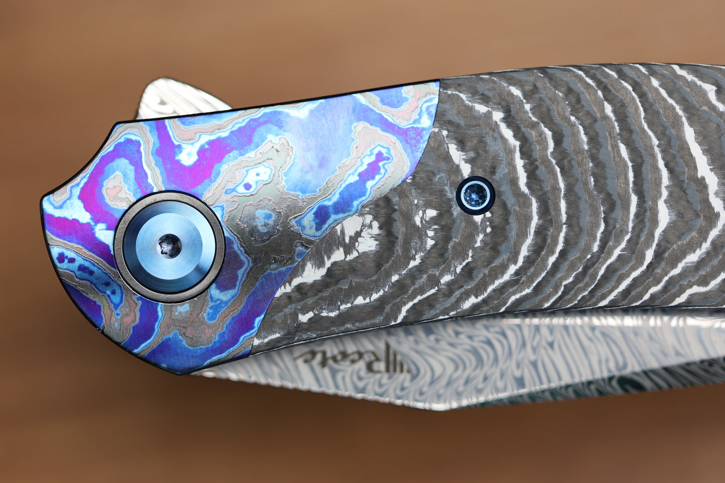 REATE KNIVES FDT TF-4 TITANIUM WHITE STORM FAT CARBON ZIRCUTI BOLSTER AND ACCENTS DAMASTEEL BLADE