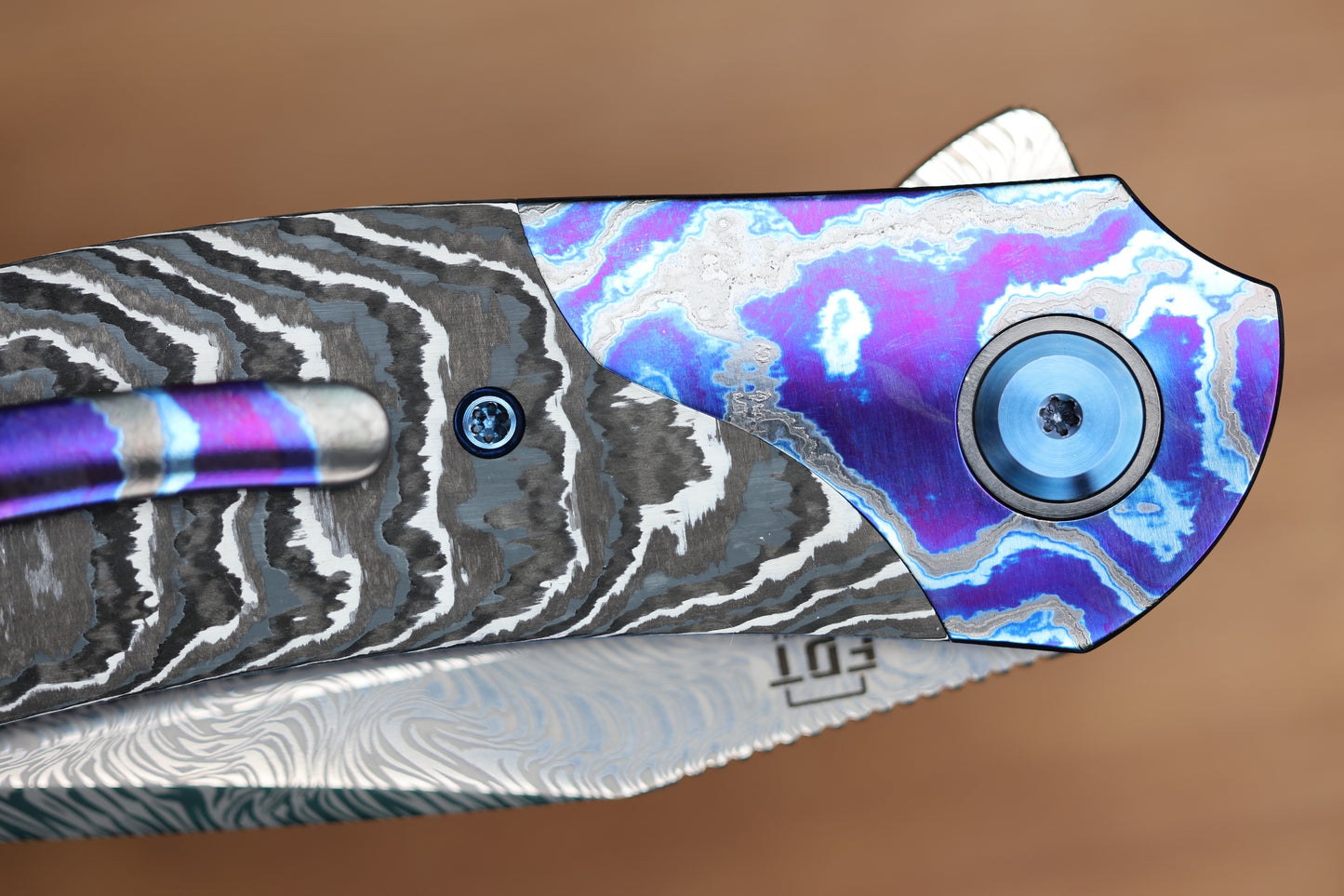 REATE KNIVES FDT TF-4 TITANIUM WHITE STORM FAT CARBON ZIRCUTI BOLSTER AND ACCENTS DAMASTEEL BLADE