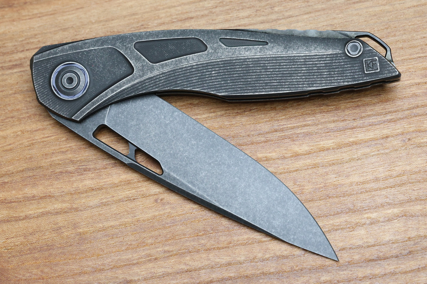 CUSTOM KNIFE FACTORY SUKHOI-5 BLACKWASH TITANIUM HANDLES W/ CRYSTAL TI BACKSPACER & M398