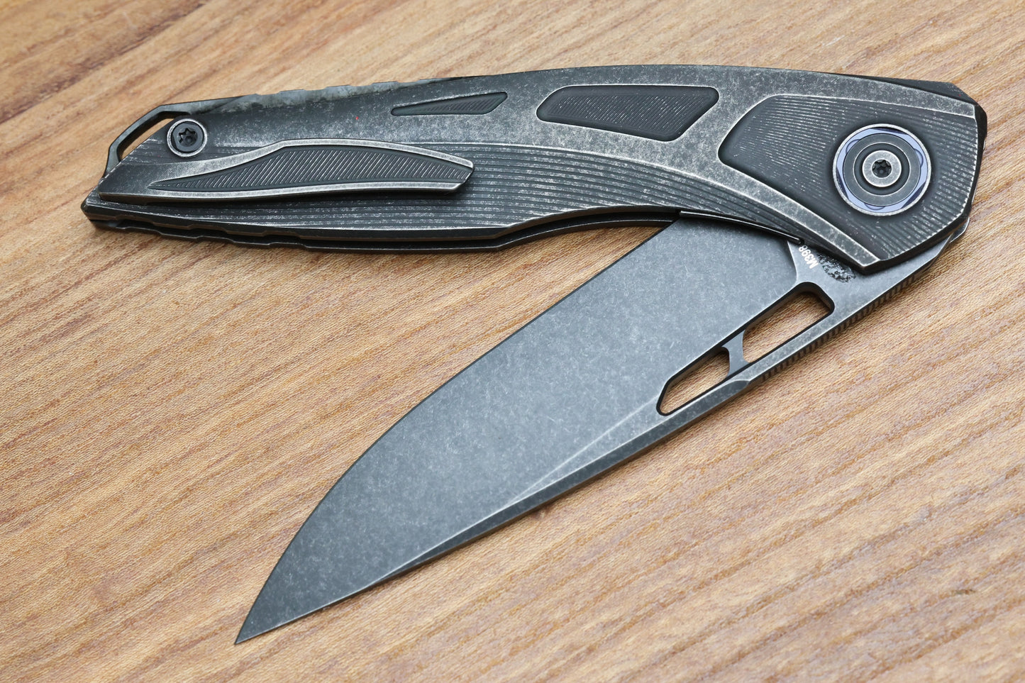 CUSTOM KNIFE FACTORY SUKHOI-5 BLACKWASH TITANIUM HANDLES W/ CRYSTAL TI BACKSPACER & M398
