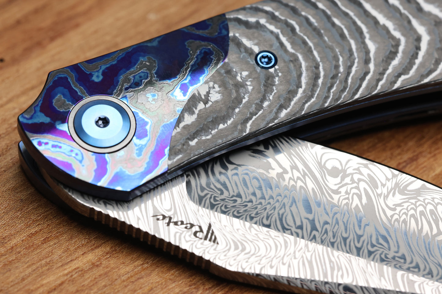 REATE KNIVES FDT TF-4 TITANIUM WHITE STORM FAT CARBON ZIRCUTI BOLSTER AND ACCENTS DAMASTEEL BLADE