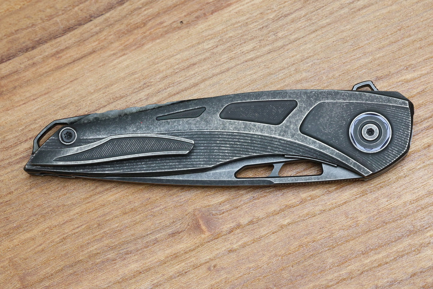 CUSTOM KNIFE FACTORY SUKHOI-5 BLACKWASH TITANIUM HANDLES W/ CRYSTAL TI BACKSPACER & M398