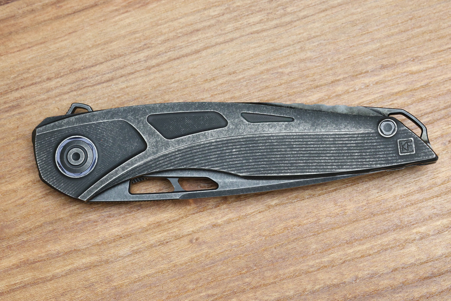 CUSTOM KNIFE FACTORY SUKHOI-5 BLACKWASH TITANIUM HANDLES W/ CRYSTAL TI BACKSPACER & M398