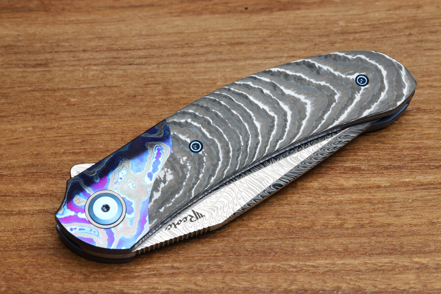 REATE KNIVES FDT TF-4 TITANIUM WHITE STORM FAT CARBON ZIRCUTI BOLSTER AND ACCENTS DAMASTEEL BLADE
