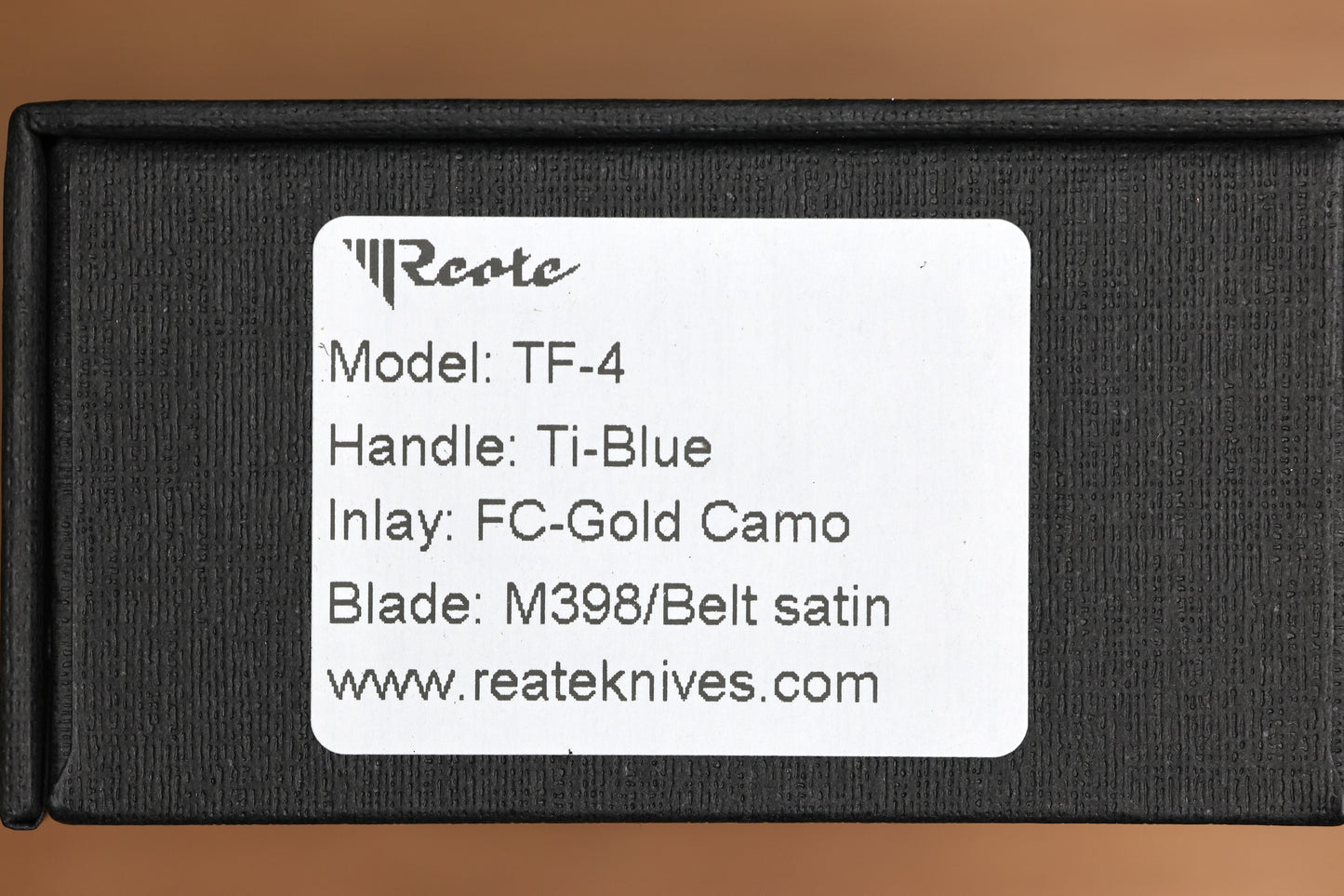 REATE KNIVES FDT TF-4 TITANIUM BLUE HANDLE GOLD CAMO FAT CARBON ZIRCONIUM BOLSTERS M398 BLADE