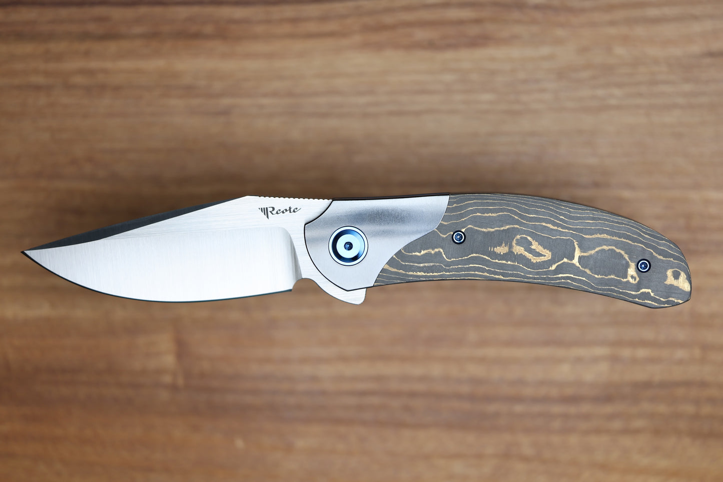 REATE KNIVES FDT TF-4 TITANIUM BLUE HANDLE GOLD CAMO FAT CARBON ZIRCONIUM BOLSTERS M398 BLADE