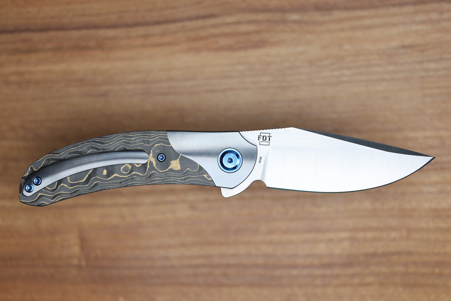 REATE KNIVES FDT TF-4 TITANIUM BLUE HANDLE GOLD CAMO FAT CARBON ZIRCONIUM BOLSTERS M398 BLADE