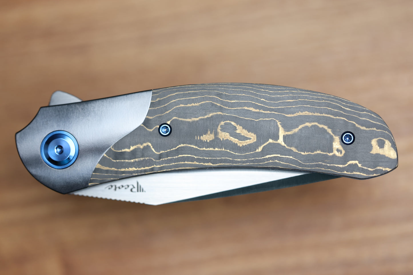 REATE KNIVES FDT TF-4 TITANIUM BLUE HANDLE GOLD CAMO FAT CARBON ZIRCONIUM BOLSTERS M398 BLADE