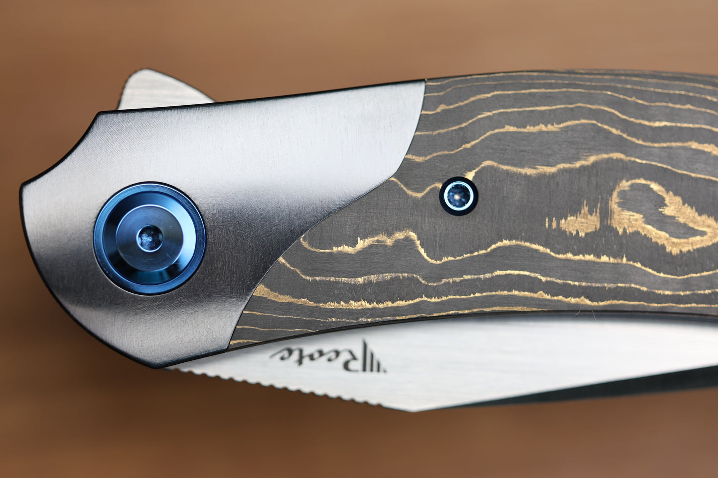 REATE KNIVES FDT TF-4 TITANIUM BLUE HANDLE GOLD CAMO FAT CARBON ZIRCONIUM BOLSTERS M398 BLADE