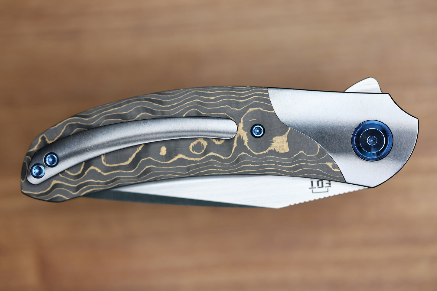 REATE KNIVES FDT TF-4 TITANIUM BLUE HANDLE GOLD CAMO FAT CARBON ZIRCONIUM BOLSTERS M398 BLADE